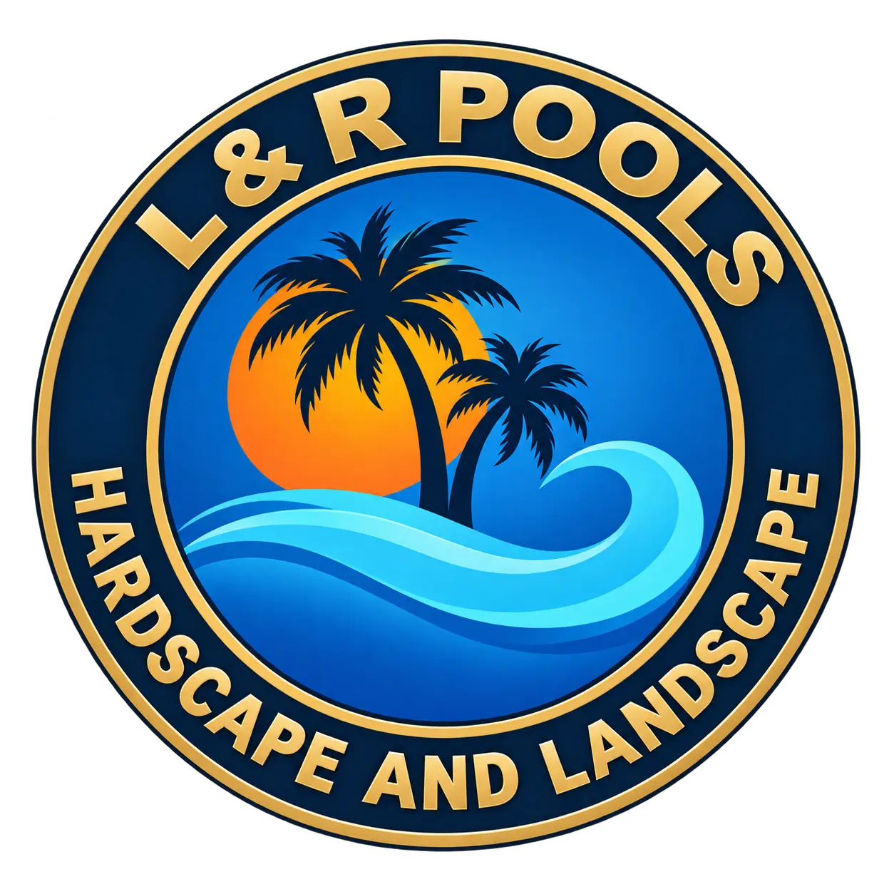L & R Pools — palm trees, sunset and wave logo