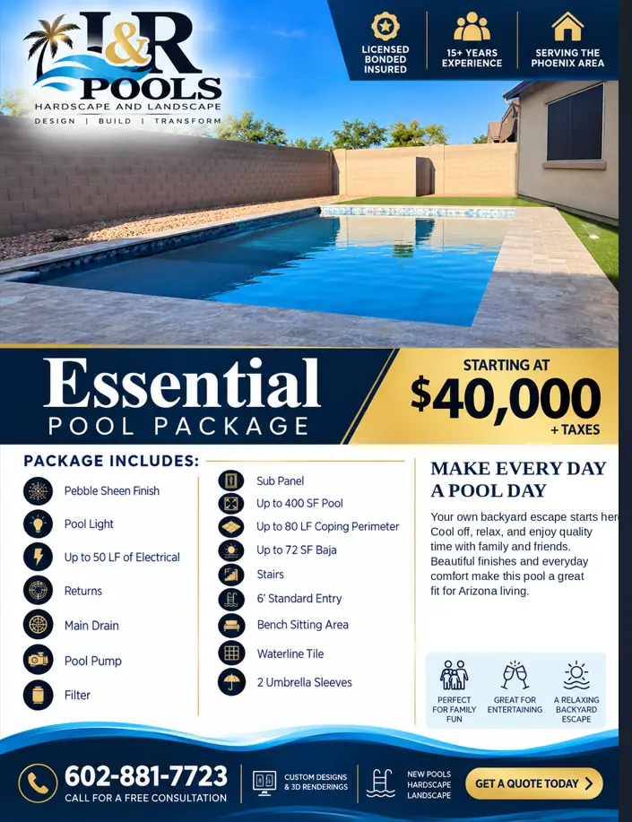 Essential Pool Package flyer with pool photo, price and included features