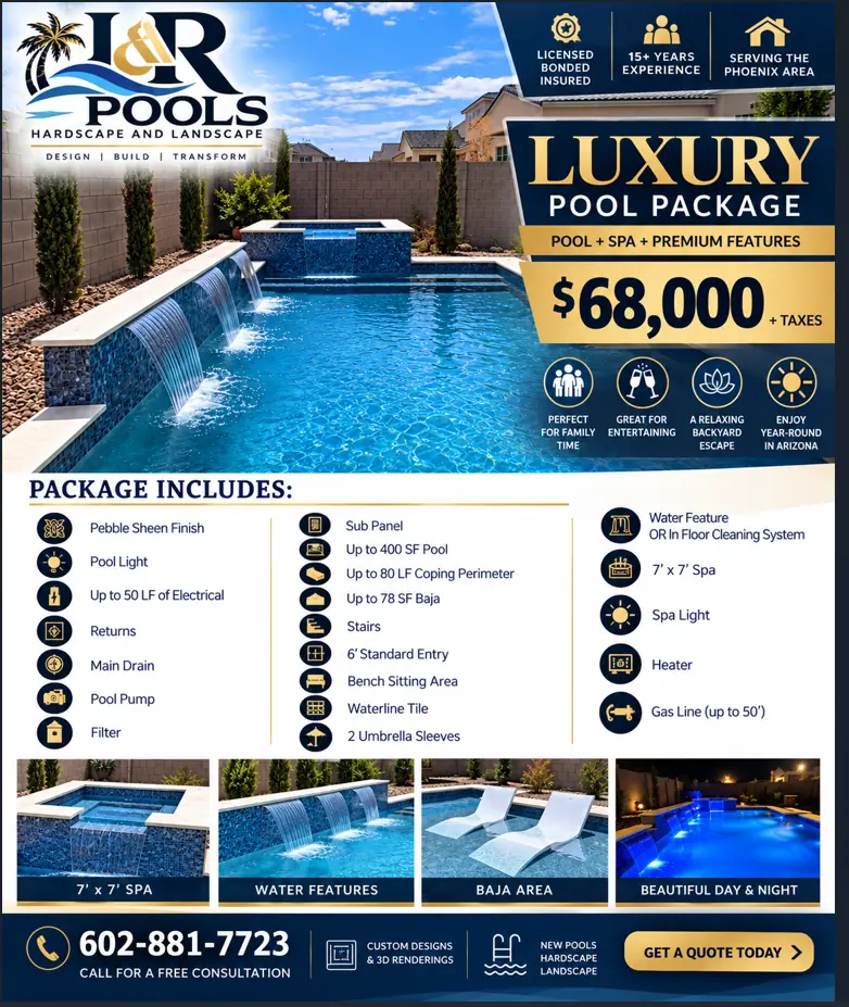 Luxury Pool Package flyer with pool photo, price and included features