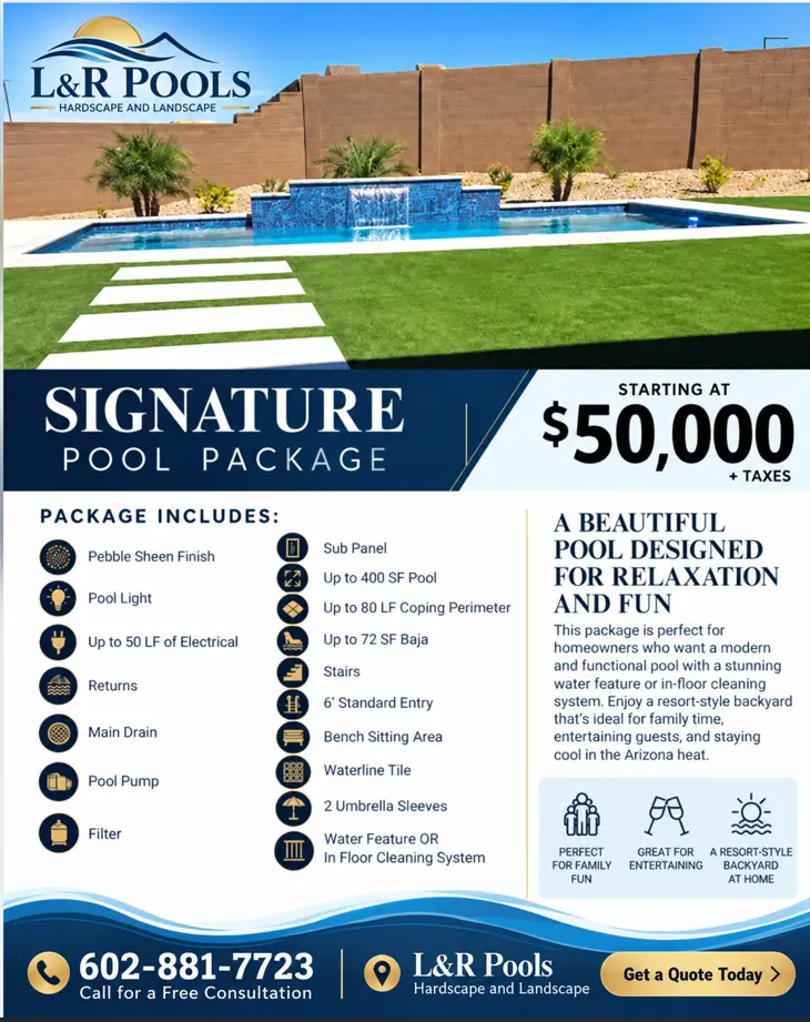 Signature Pool Package flyer with pool photo, price and included features