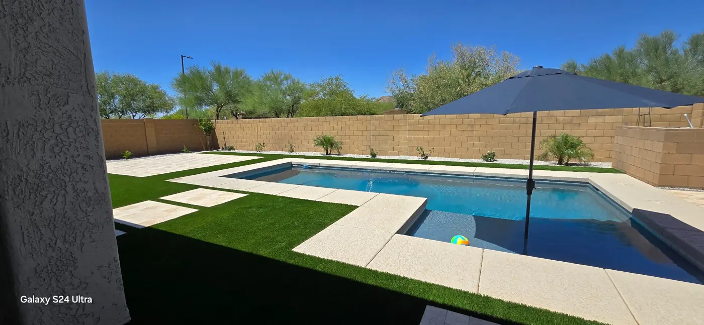 Pool and Baja shelf with connected patio by L & R